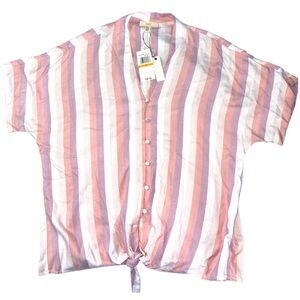 NWT Cupio Blush Striped‎ Tie-Front Short Sleeve Rayon Blouse Size Small